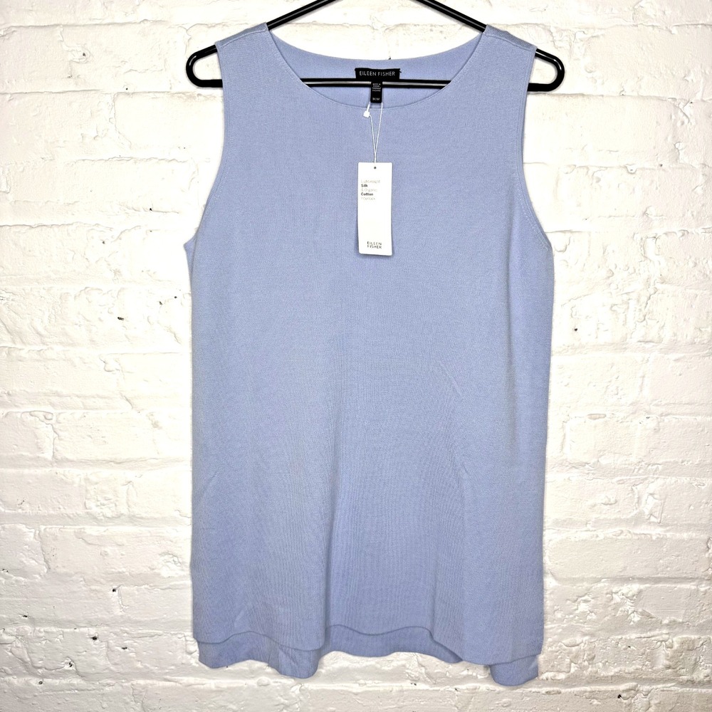 Eileen Fisher Size Medium Blue Silk Blend Bateau Neck Long Tank Top NWT $178